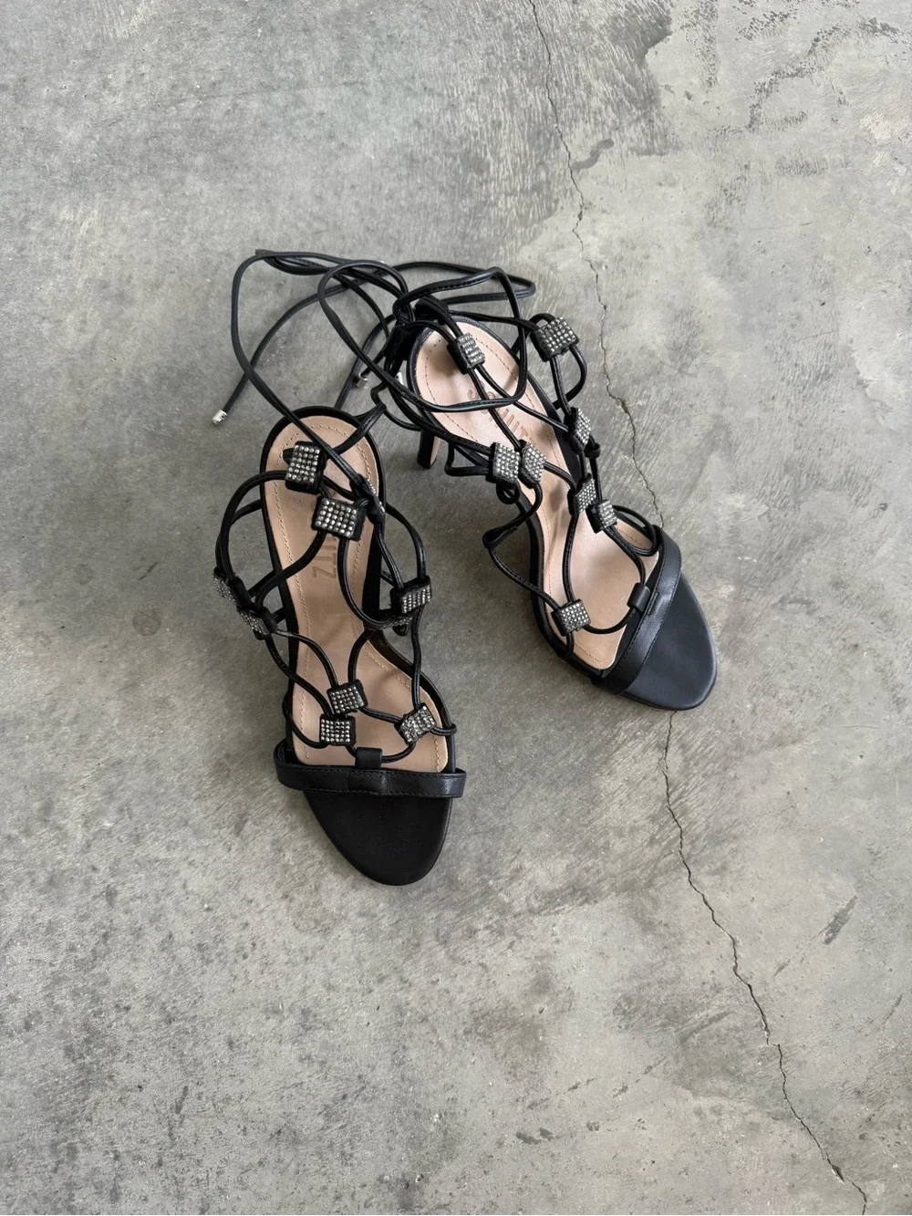 SCHUTZ Black Rhinestone Lace-Up Stiletto Sandals